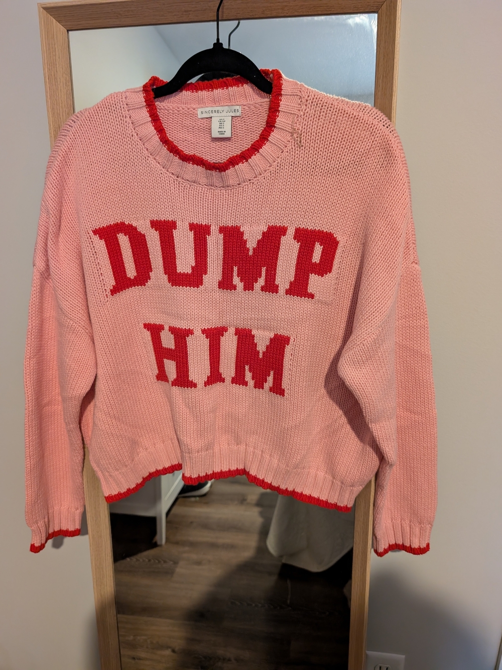 Sincerly Jules Pink Knit 'DUMP HIM' Crewneck Crop with Red Trim